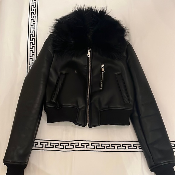 Black PU leather Cropped Bomber jacket - winter warm - Picture 1 of 4